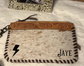 Women's Personalized Cowhide Wristlet Wallet | Tooled Leather & Cowhide Phone Purse | Western Women's Wallet | Mother's Day | Gift for Her