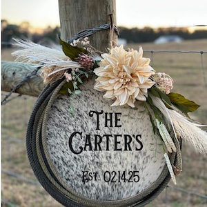 Branding Cowhide Framed Sign | Floral & Rope Cowhide Sign | Western Bedroom Decor Wreath | Wedding Ceremony Branding Cowhide Sign
