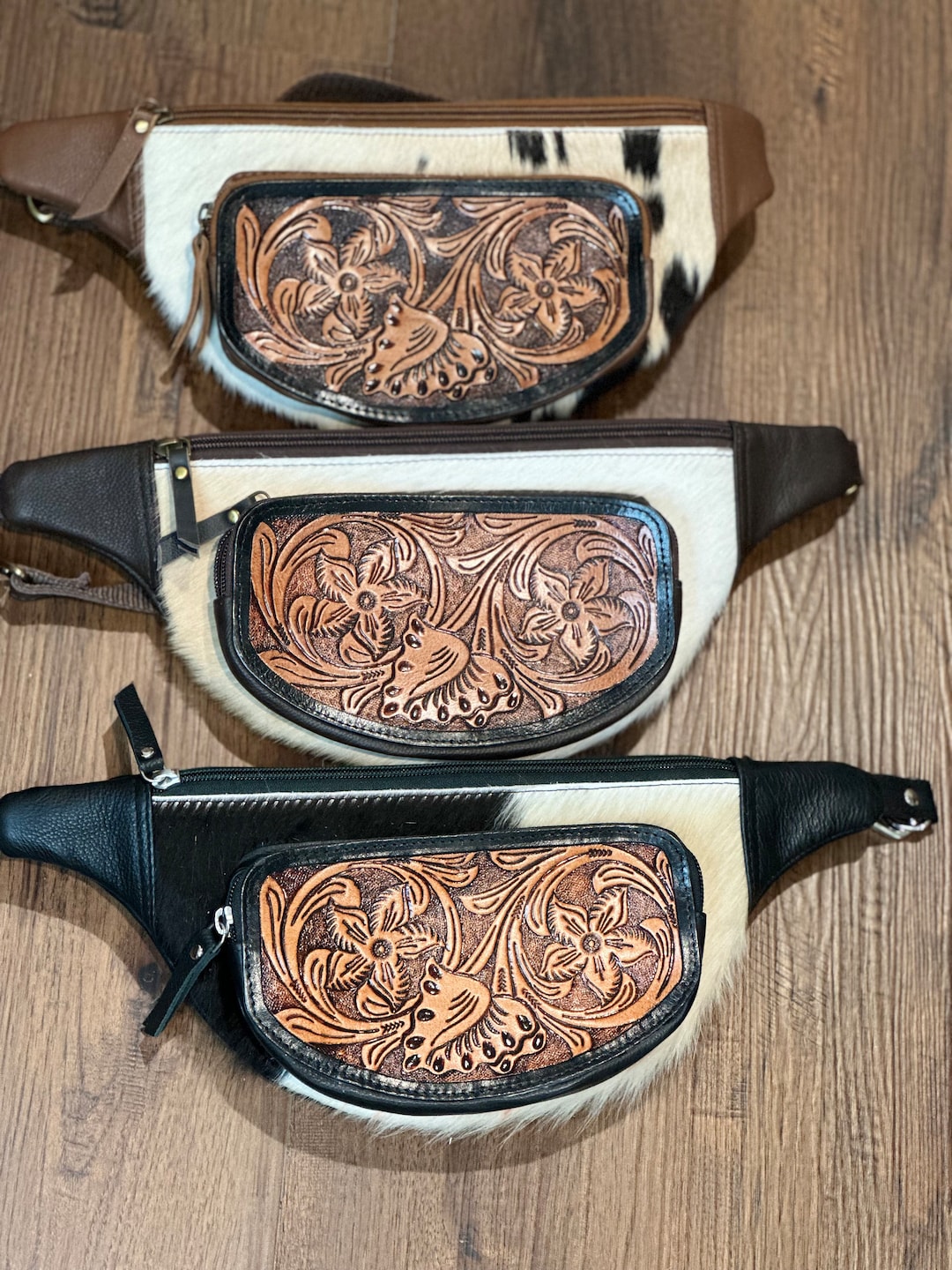 Western Fanny Pack Bum Bag Cowhide and Tooled Leather Fanny Pack