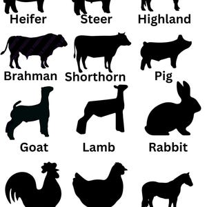 May include: A grid of twelve black animal silhouettes with labels including Heifer, Steer, Highland, Brahman, Shorthorn, Pig, Goat, Lamb, Rabbit, Rooster, Chicken, and Horse. Each icon depicts the distinct profile of the specific farm animal.