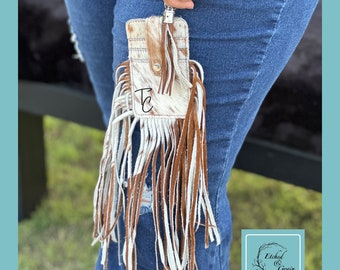 Custom Branded Fringe Cowhide Wristlet Keychain Wallet | Personalized Keychain Cowhide Wallet Wristlet | Bangle Wallet | Christmas Gift |NFR