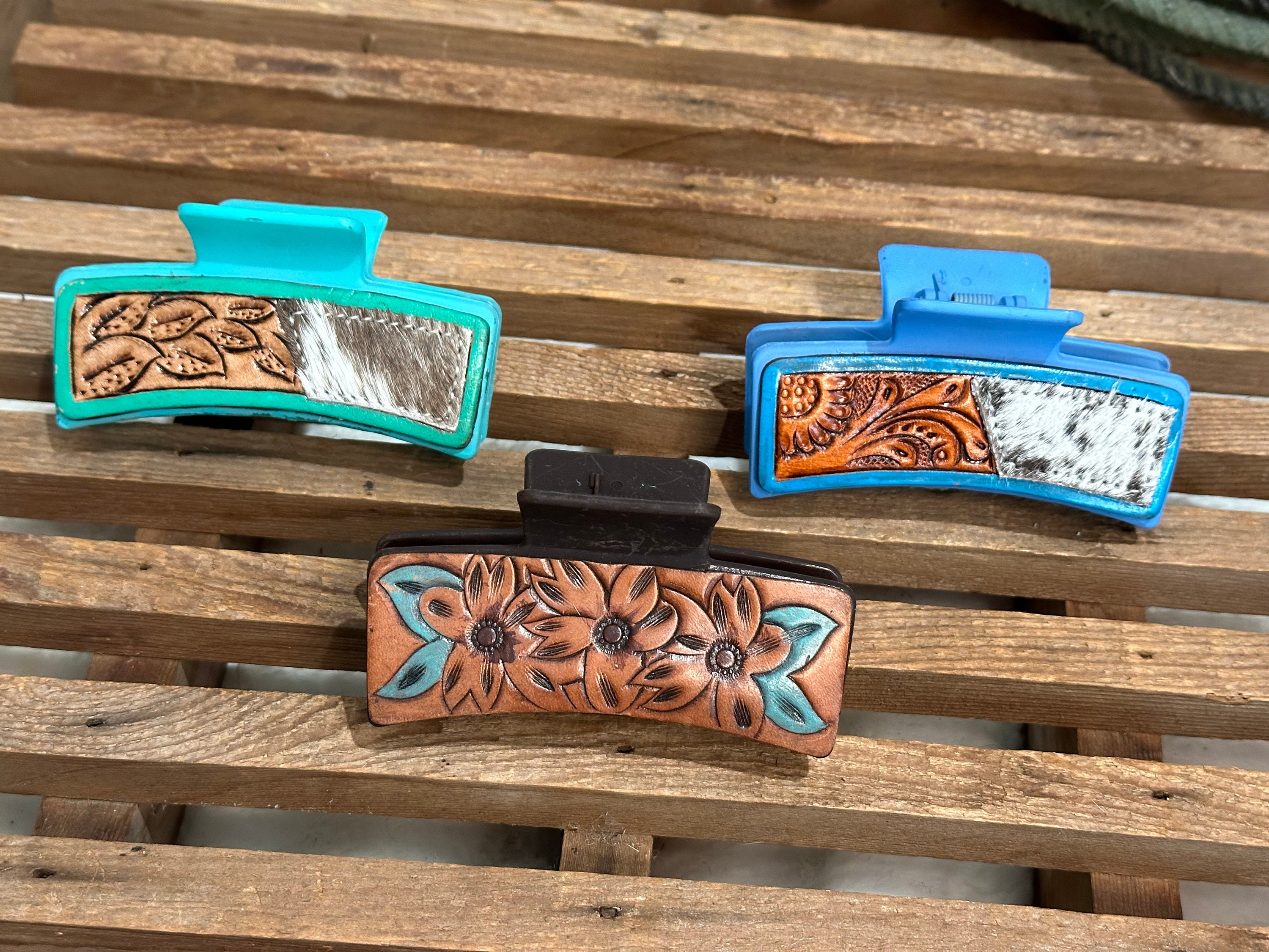Hand Tooled Leather Hair Clip |large Western Claw Clip  display picture 3