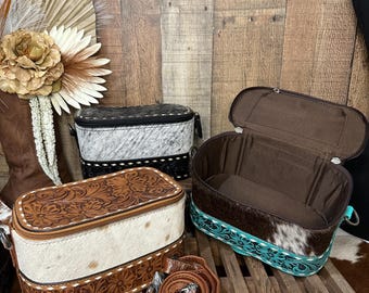Western Makeup Case | Western Tooled Leather Travel Case | Western Cowhide Travel Toiletry Case | Hair on Hide Jewelry Case | Gift for Her