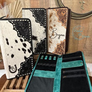 Western Jewelry Case | Cowhide Jewelry Case | Custom Branded Western Cowhide Travel Jewelry Case | Personalized Gift | Flat Lay Jewelry Case