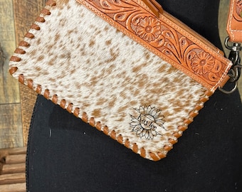 Women's Cowhide Crossbody | Custom Branded Tooled Leather & Cowhide Phone Purse | Western Women's Wallet | Mother's Day | Gift for Her