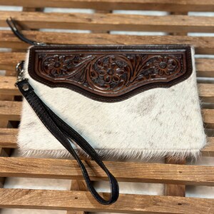 Branded Cowhide Wristlet Wallet Personalized Tooled Leather & Cowhide Phone Purse Western Women's Wallet Mother's Day Gift for Her image 7