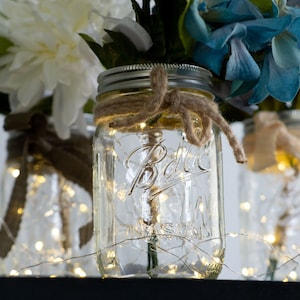 Centerpieces with lights/ Set of 2/ Blue bouquets/ Celebration Decor/ Party Decorations/ Birthday Supplies/ Fairy Lights/ Mason Jars/ Gifts