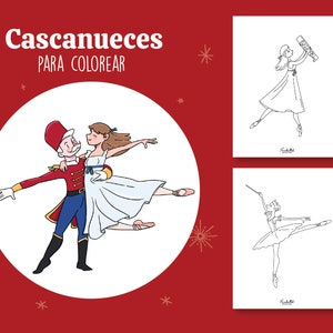 May include: A coloring page featuring a Nutcracker holding a ballerina in his arms. The page also includes two additional coloring pages, one of a ballerina holding a candy cane and another of a ballerina in a dance pose.