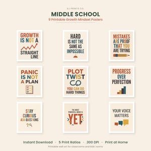 May include: A set of nine printable posters titled Middle School 9 Printable Growth Mindset Posters by AJ Prints Co. Each poster features motivational text in a retro color palette of red, blue, and yellow on a cream background with icons.