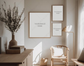 Galeria de maquete de parede moldura de madeira maquetes Boho modelo de arte em branco mínimo pôster de madeira PSD