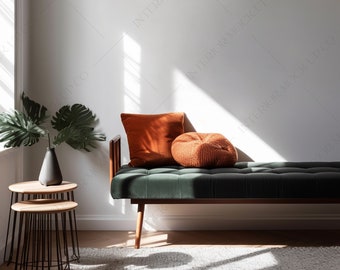 Blank Wall Art Mockup Mid Century Interior Room 3D Render Retro Home Decor Scene