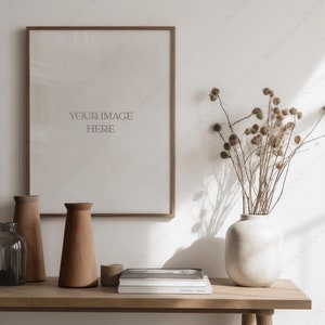 Boho Frame Mockup Neutral Interior Room stock Image Vertical Wooden Poster mock up