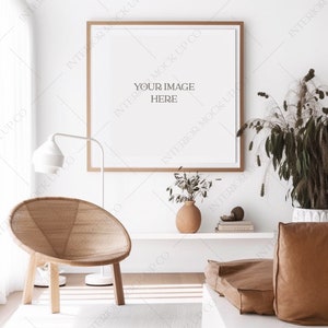 Wood Frame Mockup, Coastal Style Room, Blank Wall Art Template, Smart Object, Square wooden frame