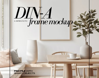 DIN A1 Frame Mockup PSD Vertical Frames Mock up for Art Contemporary Interior Scene Dining Room