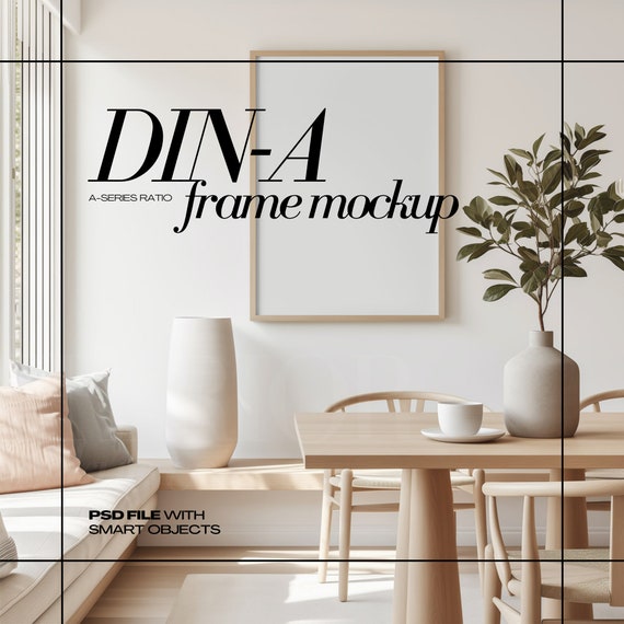 DIN A1 Frame Mockup PSD Vertical Frames Mock up for Art Contemporary Interior Scene Dining Room