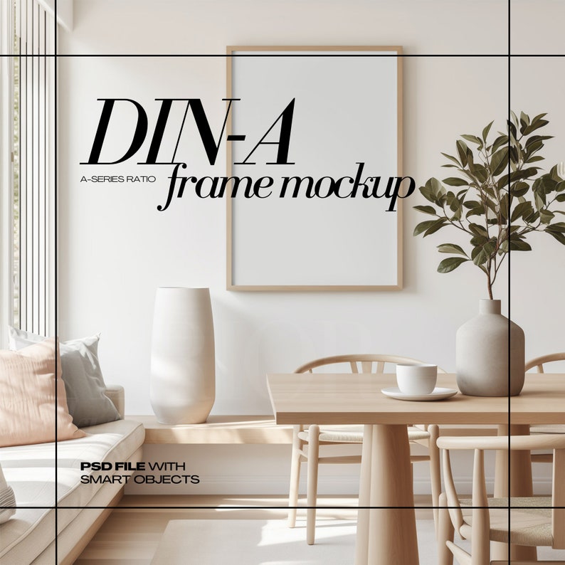 DIN A1 Frame Mockup PSD Vertical Frames Mock up for Art Contemporary Interior Scene Dining Room