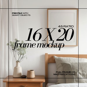 16x20 Frame Mockup PSD Modern Bedroom 4x5 Ratio Wood Frames Mock Up with 12x15 Mat