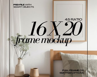 16x20 Frame Mockup PSD Modern Bedroom 4x5 Ratio Wood Frames Mock Up with 12x15 Mat