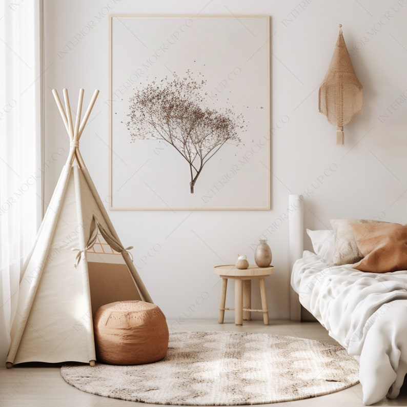Kids Nursery Mockup Boho Kids Room Wooden Frame Mock up Childrens Realistic Home Interior image 2