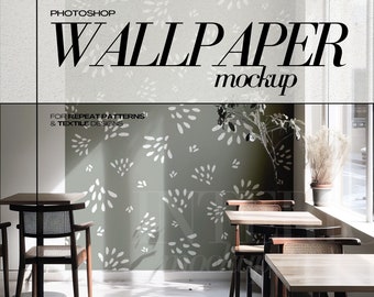 PSD Wallpaper Mockup Cafe Style Interior Room Blank Wall Mural Mock Up for Surface Pattern Design