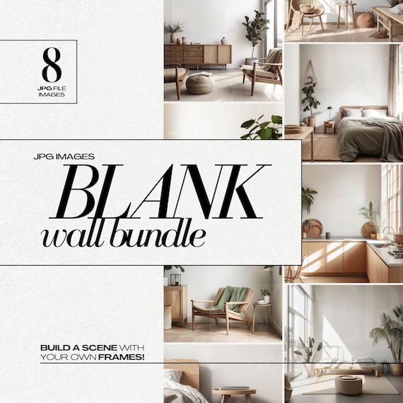 Blank Wall Stock Image Bundle for Art, Japandi Style Home Interior JPG Photo Mockup 3D Render