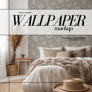 PSD Wallpaper Mockup Boho Bedroom Interior Mock Up for Surface Pattern Design Wall Coveering