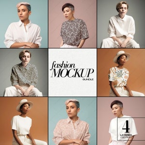 Peut inclure: Un ensemble de quatre maquettes de mode mettant en scène une personne portant différents chemises avec des motifs variés. Les maquettes sont des fichiers PSD superposés.