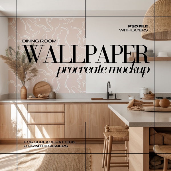 Procreate Wallpaper Mockup Boho Kitchen Interior Wall Decal and Mural Mockups for Repeat Patterns