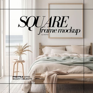 Square Wooden Frame Mockup Coastal Home Interior Mock up PSD Wood Poster Wall Art Template