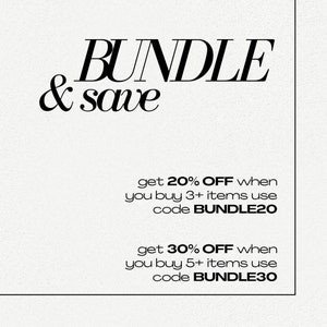 Może przedstawiać: Czarno-biały tekst na białym tle z fakturowaną powierzchnią. Tekst brzmi "BUNDLE & save" i zawiera dwie oferty rabatowe: "get 20% OFF when you buy 3+ items use code BUNDLE20" i "get 30% OFF when you buy 5+ items use code BUNDLE30".