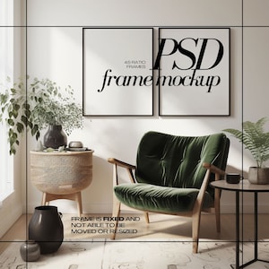 May include: Two black framed posters with the text "4.5 RATIO FRAMES PSD frame mockup" hanging on a white wall above a green velvet armchair and a side table with a woven basket.