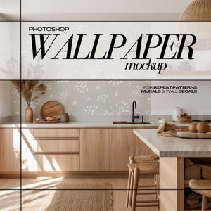 May include: A kitchen interior mockup featuring a wallpaper with a white leaf pattern. The wallpaper is behind a kitchen counter with wooden cabinets and a light brown countertop. The kitchen has a natural light and a rug on the floor. The text "PHOTOSHOP WALLPAPER mockup FOR REPEAT PATTERNS MURALS & WALL DECALS" is at the top of the image.