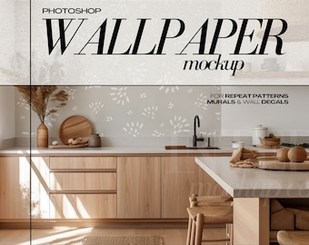 PSD Wallpaper Mockup Boho Kitchen Interior Wall Decal and Mural Mockups for Repeat Patterns