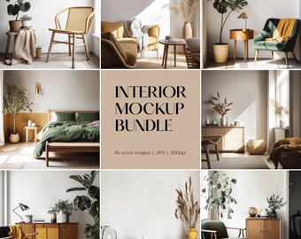 Könnte beinhalten: Ein Interior-Mockup-Bundle mit acht Stockbildern. Die Bilder zeigen moderne Möbel in verschiedenen Räumen, darunter Stühle, Sofas und Sideboards. Die Farbpalette umfasst Grün-, Gelb- und Naturholztöne und schafft eine warme und einladende Atmosphäre.