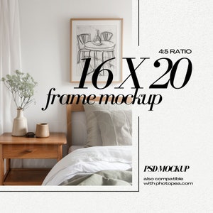 16x20 Frame Mockup PSD Modern Bedroom 4x5 Ratio Wood Frames Mock Up with 12x15 Mat