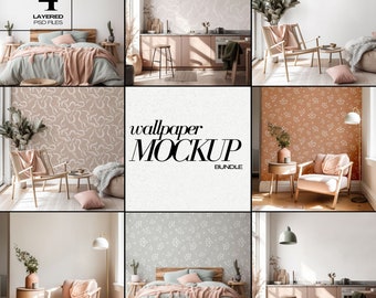 Puede incluir: Un conjunto de cuatro archivos PSD en capas para crear maquetas de papel tapiz. Las maquetas presentan diferentes habitaciones con varios muebles y decoración, mostrando diferentes patrones de papel tapiz.
