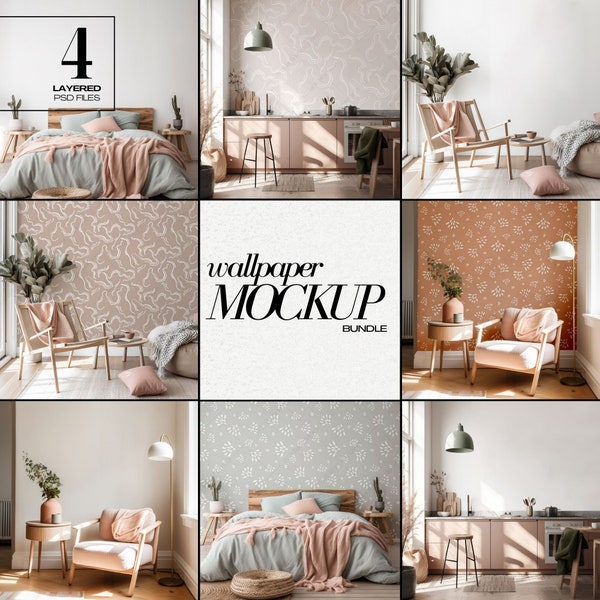 PSD Wallpaper Mockup Bundle Boho Interior Mock Up for Wall Covering Surface Pattern Design