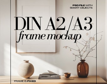 DIN A3 Frame Mockup PSD Vertical Wooden Frames for A2 Art Print, Modern Room Interior
