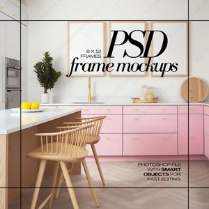 May include: Three 8x12 inch picture frames in a kitchen setting with pink cabinets, a white countertop, and wooden chairs. The frames are empty and ready for your photos or artwork.  PSD frame mockups.