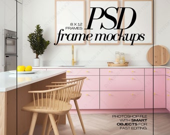 Ensemble rose de 3 cadres maquette modèle d'affiche lumineux PSD intérieur de cuisine coloré