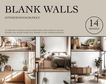 May include: A collection of 14 interior room images with blank walls, perfect for showcasing artwork, product photography, or social media content. The images feature a variety of furniture and decor in a minimalist style.