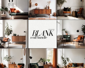 May include: A set of 8 blank wall mockup images featuring a living room with various furniture and decor, including a green armchair, a brown sofa, a wooden coffee table, and a potted plant. The images are perfect for showcasing artwork, posters, or other wall decor.