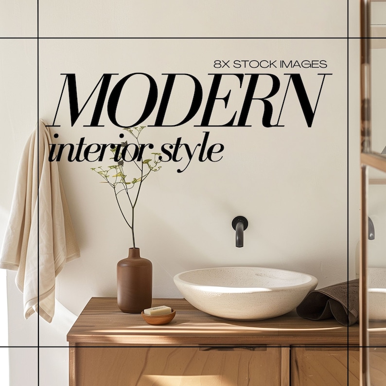 May include: A white ceramic vessel sink with a black faucet mounted on a white wall. The sink is on a wooden countertop with a small brown vase with green branches and a bar of soap. The text "MODERN interior style" is written on the wall above the sink.