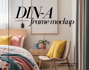 DIN A1 Frame Mockup PSD Vertical Wood Frames Mock up for Art Print, Colorful Bedroom Interior Scene