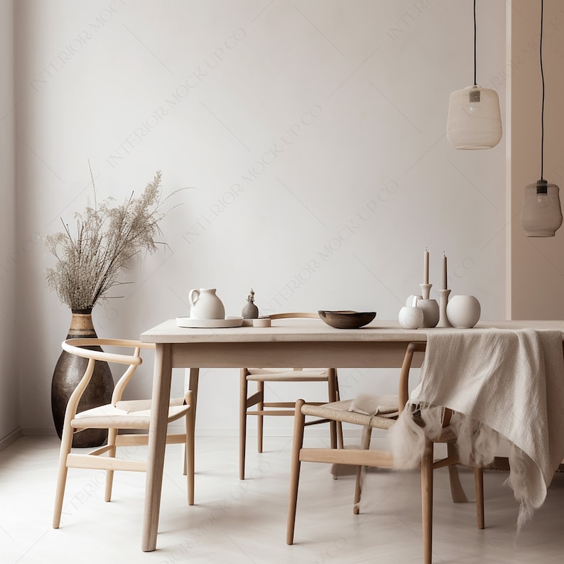 May include: A minimalist dining room scene featuring a light wood table and chairs. The table is set with white ceramic pieces, candles, and a wooden bowl. A large vase with dried plants and two pendant lights complete the neutral-toned decor.