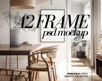 DIN A2 Frame Mockup PSD Vertical Black Frames Mock up for Art Print, Dining Interior Scene