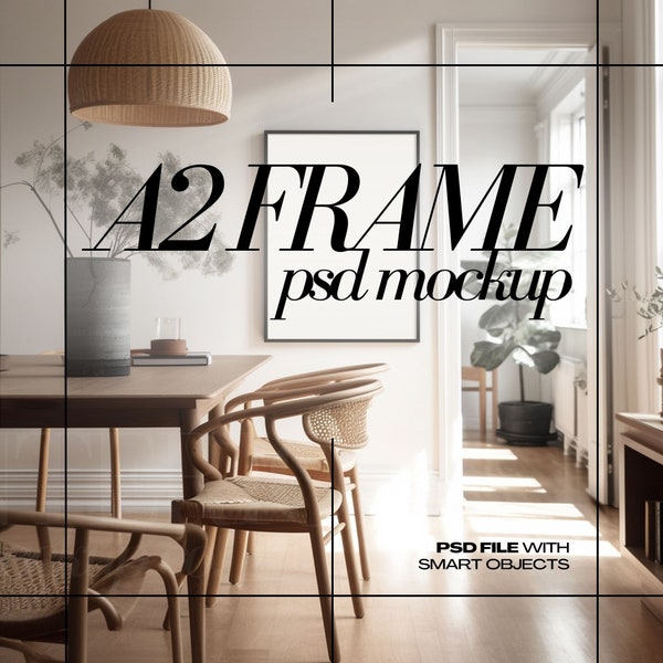 DIN A2 Frame Mockup PSD Vertical Black Frames Mock up for Art Print, Dining Interior Scene