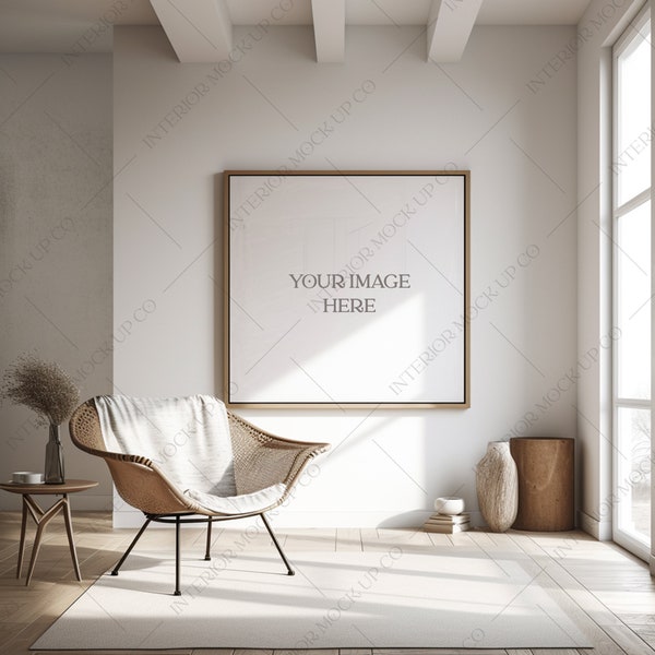 Boho Frame Mockup, modello artistico quadrato, arte d'interni, poster neutro, soggiorno moderno, luce naturale