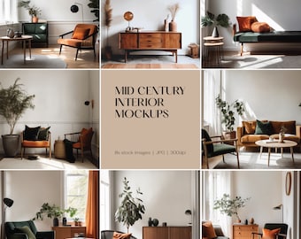 Mockup di interni in stile metà secolo, pacchetto di immagini stock di pareti vuote, poster, stampa, mockup di arredamento moderno