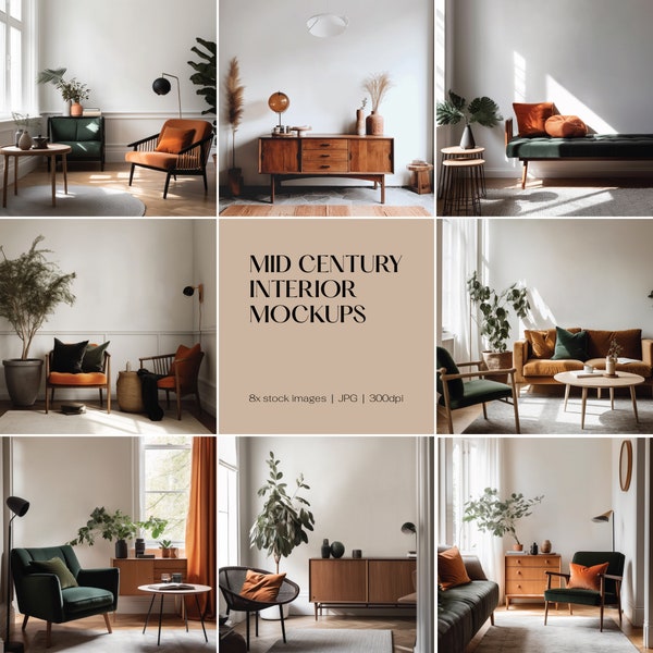 Mid Century Mockup Interior Bundle Blank Wall Stock Image Poster Print Modern Decor Mock Up